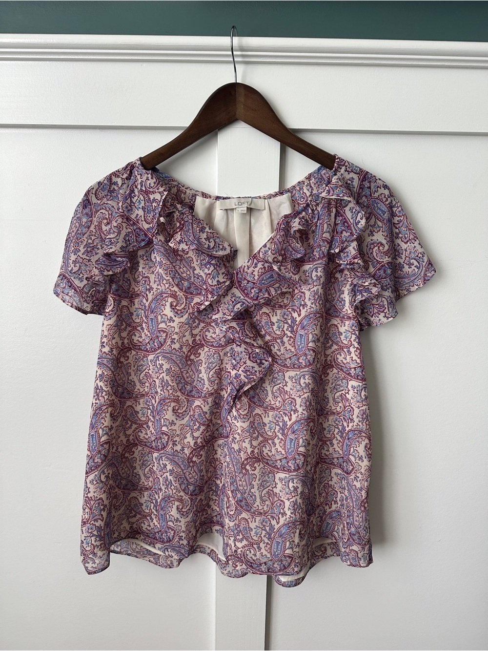 LOFT Pink and Purple Paisley Ruffle Blouse